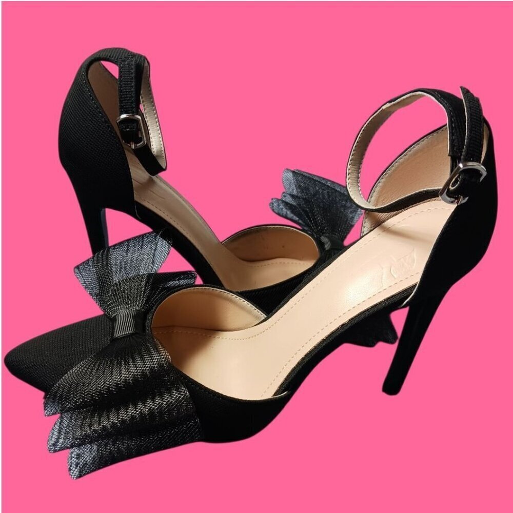 C.Sexy Heels W/Tulle Bow Detail & Ankle Strap Elegant Women Shoes Blk Size 37 - Picture 13 of 16